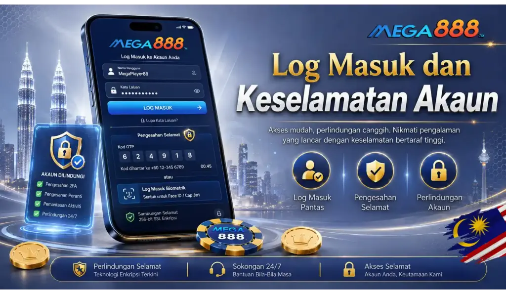 Log masuk Mega888 mudah dan selamat, dengan perlindungan SSL, 2FA, serta pengesahan akaun. 